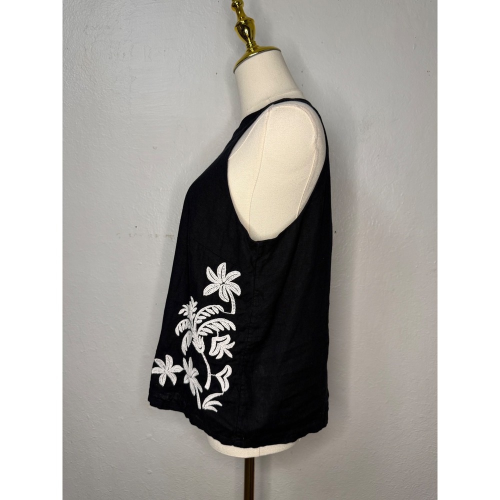 Ann Taylor Women's Small Tank Top Black White Floral Embroidered Linen Blend - Picture 3 of 8